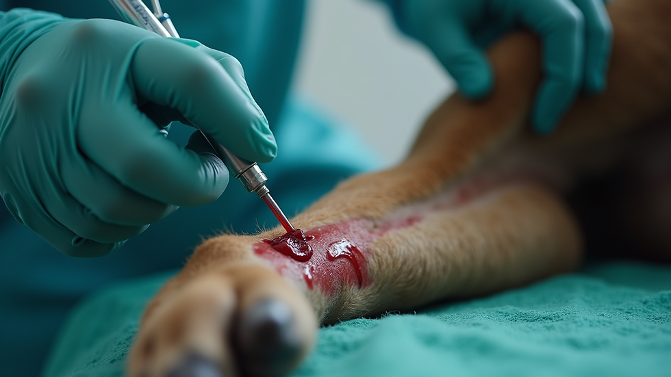 Close-up view of a veterinarian drawing blood from a dog’s leg