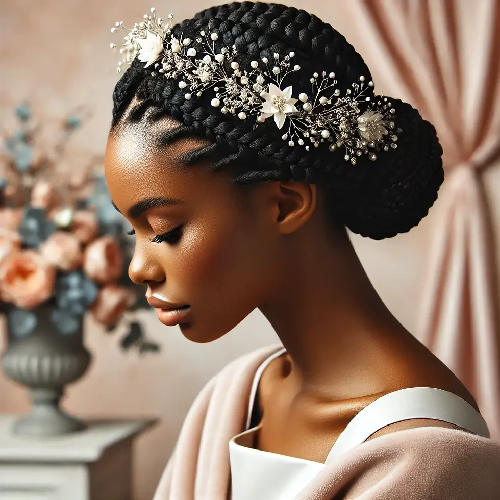 Coiffure afro avec une couronne de tresses parfaitement tissée, décorée de perles et de fleurs blanches, parfaite pour une invitée de mariage.