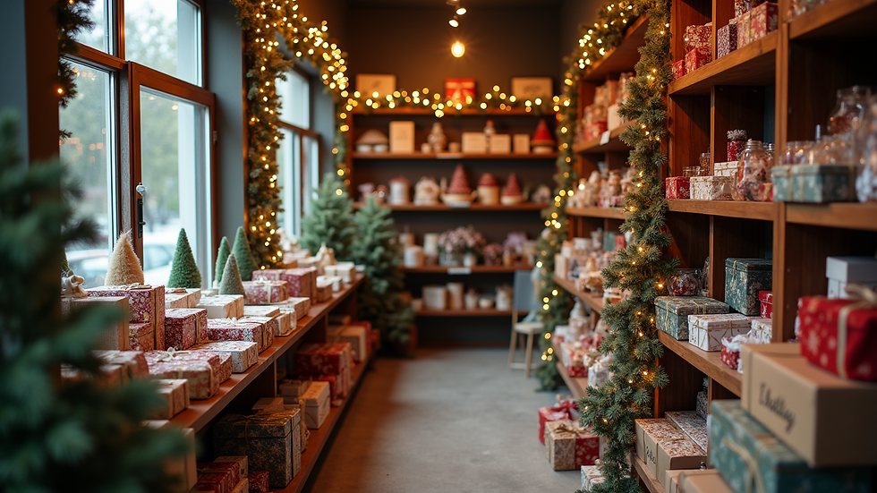 Eye-level view of a charming local shop filled with unique holiday gifts
