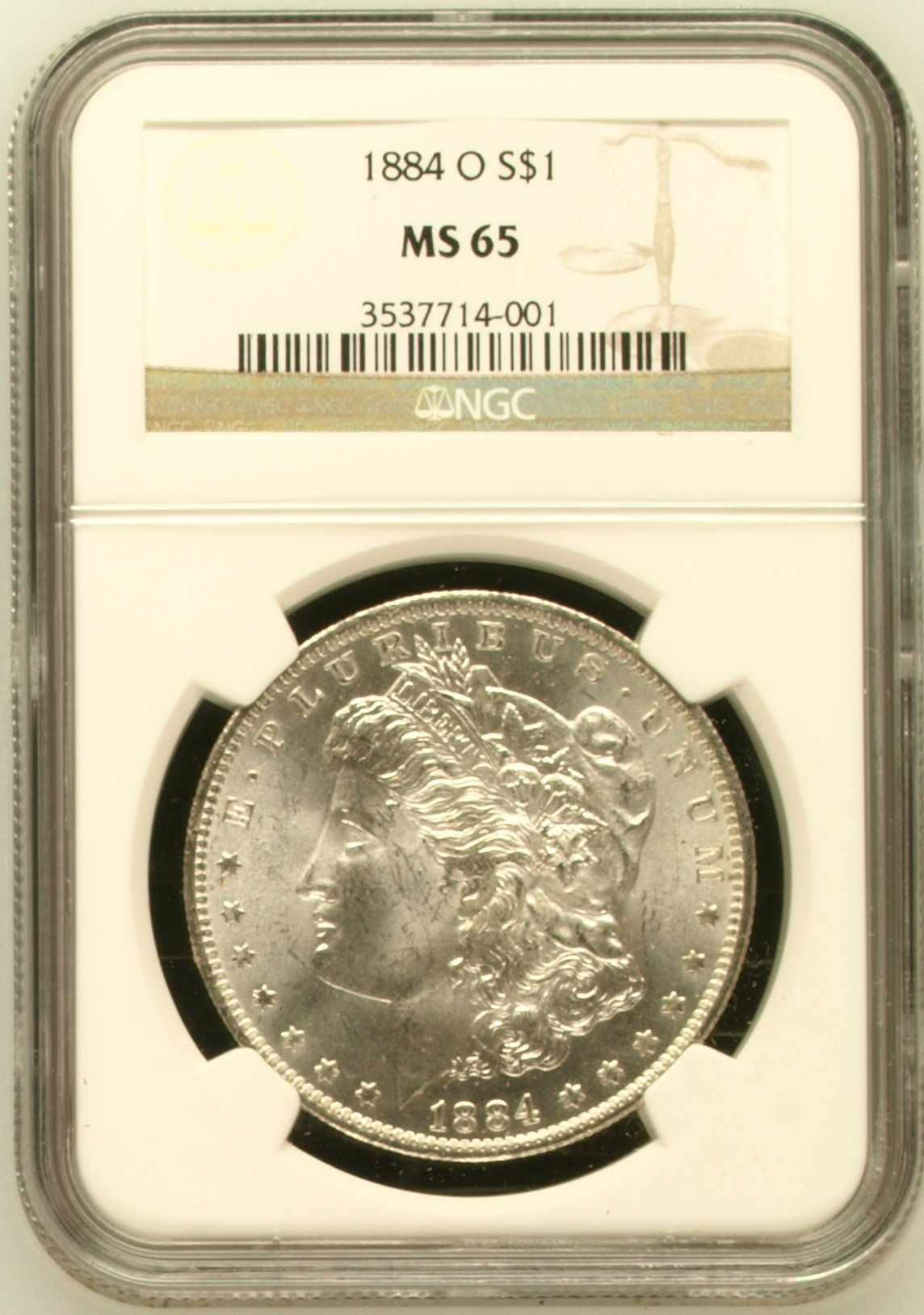 Certified 1884-O U.S. Morgan silver dollar graded MS65 by NGC