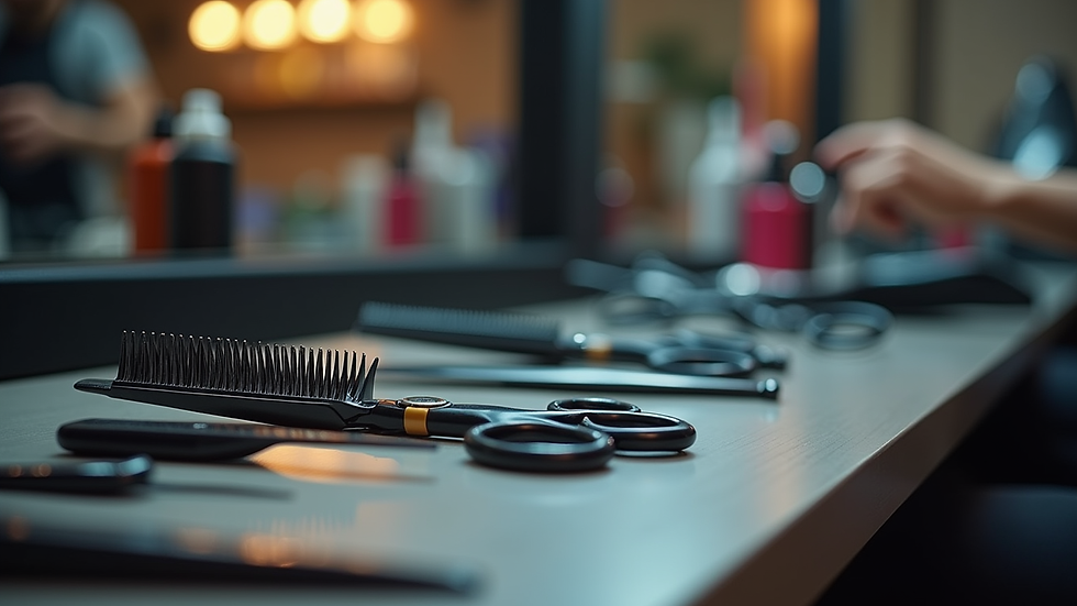 Eye-level view of professional haircutting tools arranged neatly on a salon counter