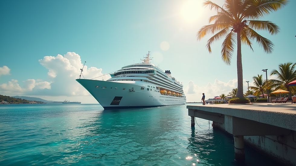 Eye-level view of a luxury cruise ship docked at a sunny harbour