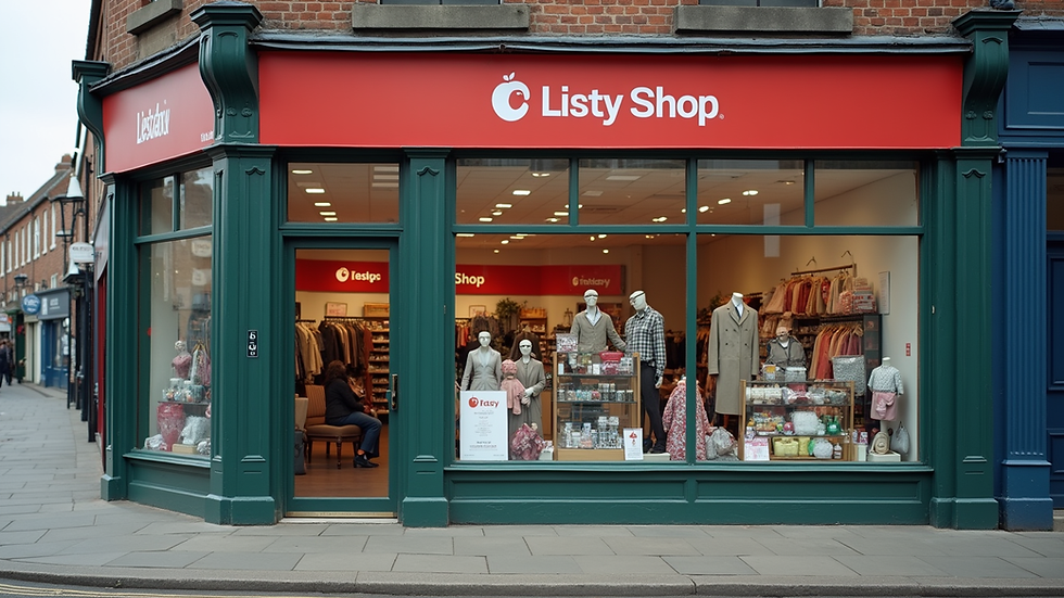 Eye-level view of a local charity shop front in a UK town