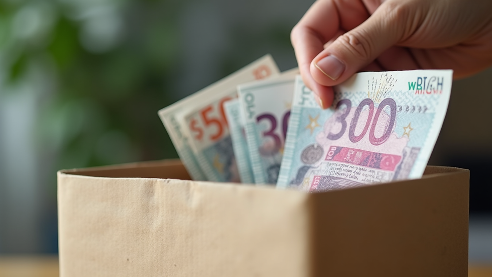 Close-up view of a donation box with cash and a Gift Aid sticker