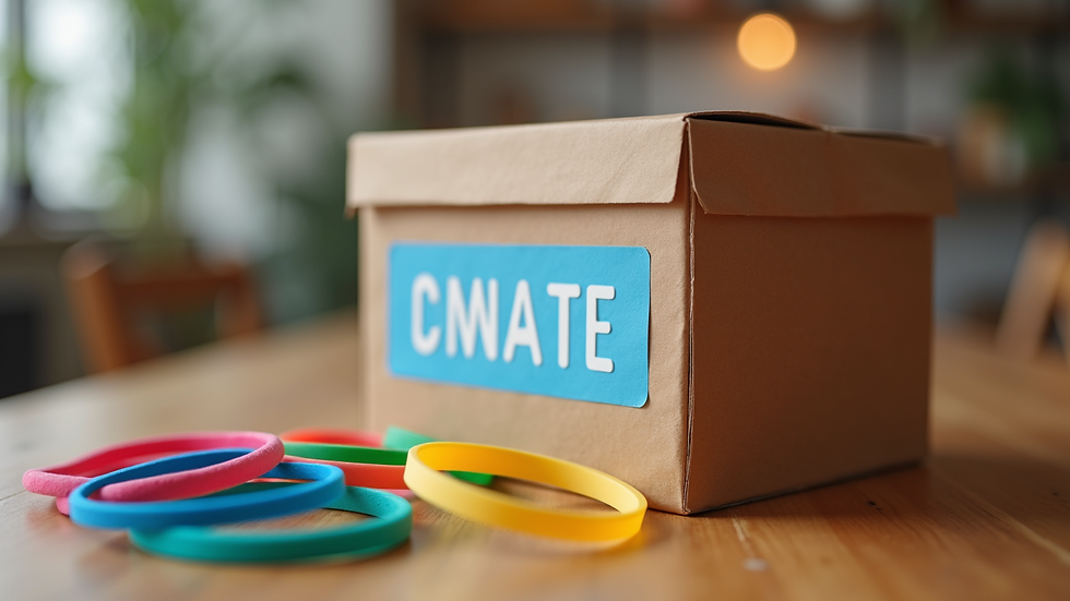 Close-up view of a charity donation box with colourful charity wristbands