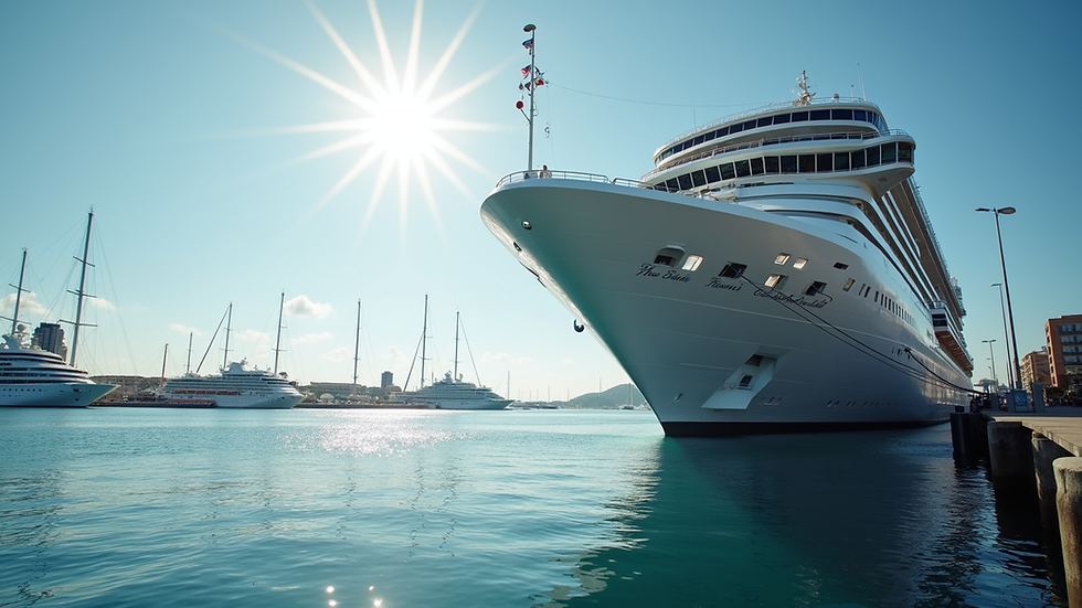 Eye-level view of a luxury cruise ship docked at a sunny harbour