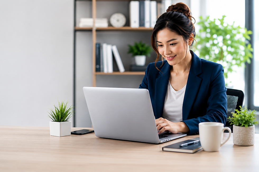 Professional Asian virtual assistant working on a laptop in a modern home office, representing how to choose the right virtual assistant for your business.