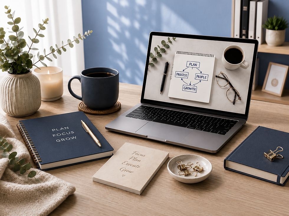 Modern business systems workspace featuring a laptop displaying a workflow diagram, navy blue planners, a coffee mug, stationery, and office décor in a bright home office with a blue accent wall, representing business organization, productivity, and efficient business systems.