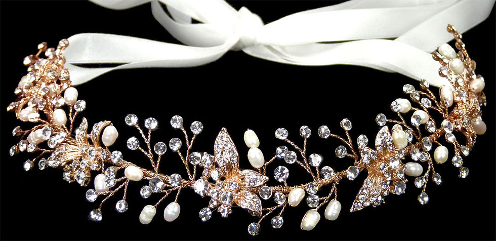 Thumbnail: 1866-450   Vine ribbon headband of rhinestone-encrusted metal flowers with beadi
