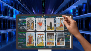 Background: Inside a server room of an AI data center with dark blue hues. Foreground: A computer monitor with coding on the screen and tarot cards superimposed over the code, with a hand reaching into the screen to grab a tarot card. Why You Shouldn't Get a Tarot Reading from AI Chatbots AI-Induced Psychosis and the Loss of Human Discernment Gem Blackthorn Tarot Business Metaphysical Spiritual Marketing