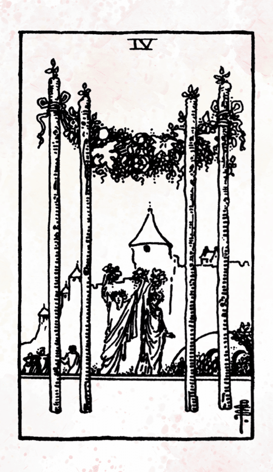 black and white image of Rider-Waite's Four of Wands tarot card gem blackthorn