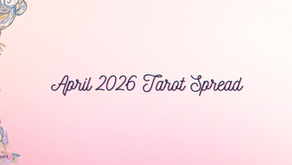 Background: pink and white gradient. Right side: Cloud with hand extended out and dropping stars over a woman sitting criss cross while reading tarot. Center text: April 2026 Tarot Spread