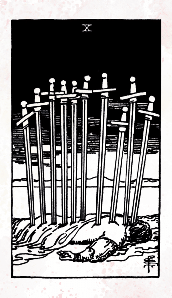black and white image of Rider-Waite's Ten of Swords tarot card gem blackthorn