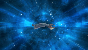 Background: Blue and white galaxy Foreground Center : blonde woman in a light blue dress with her arms over her head floating horizontally. From: The Easiest Way to Start Astral Projecting (No Mysticism Required) This Book Will Teach You To Astral Project in 3 Days by Gem Blackthorn