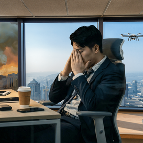 Man in front of his desk with hand covering his face. Through his office window we see a building on fire and a drone watching him.  Your Next Career Move (A Tarot Spread) A Free Blueprint to Professional Reinvention. 