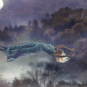 Background: Full moon, purple night sky with stars, and a foggy forest. Foreground: woman in blue silk night gown floating horizontally in the center of the image with her arms above her head. What to do in the astral plane by gem blackthorn