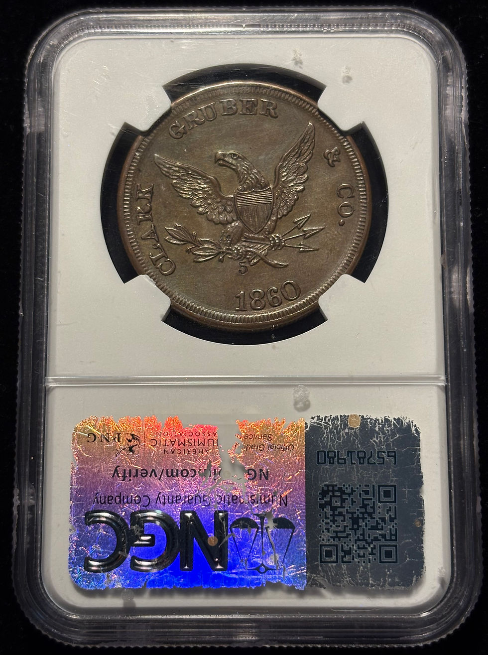 Thumbnail: 1860 Copper $20 Clark Gruber K-4a Die Trial NGC UNC Details Private Countermark