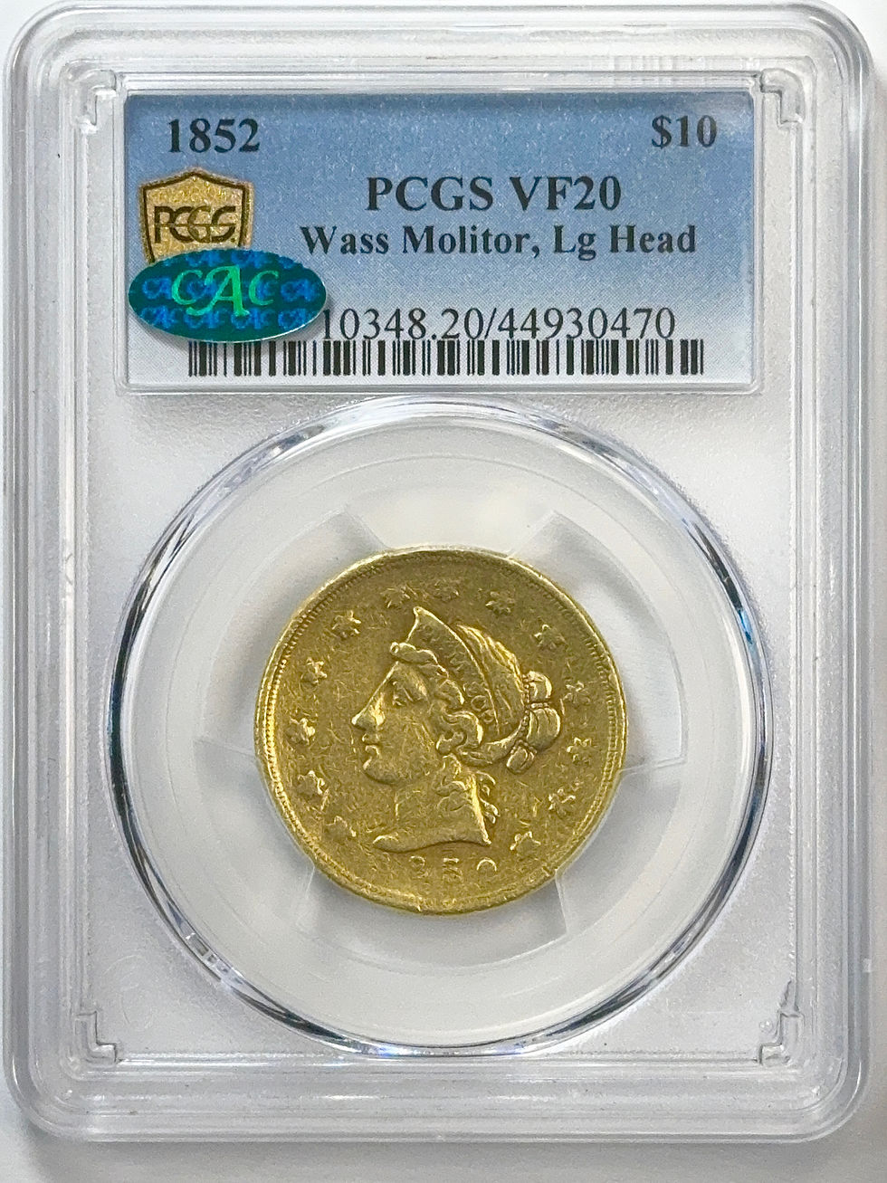 Thumbnail: 1852 $10 Wass, Molitor & Co. Ten Dollar, Large Head PCGS VF20 CAC