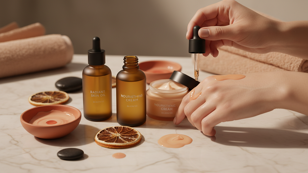 Close-up view of a skincare routine with cream and oil on a bathroom counter