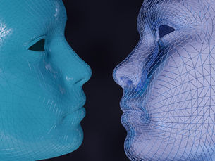 Two artificial intelligence faces looking at each other.