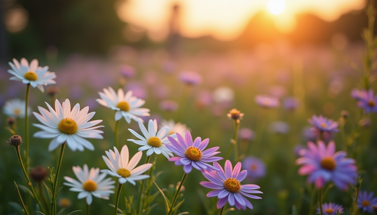 Vista aérea de un jardín con flores blancas y lilas bajo la luz suave del atardecer