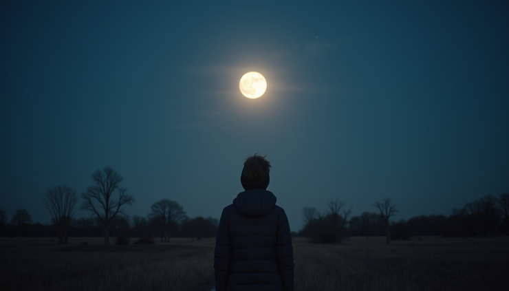 Plano medio de una persona mirando hacia el horizonte bajo una luna llena brillante