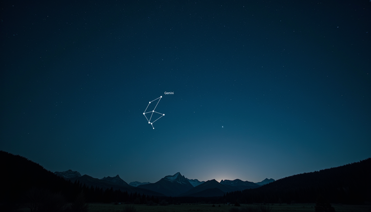 Plano medio de un cielo nocturno con estrellas brillantes y la constelación de Géminis destacada