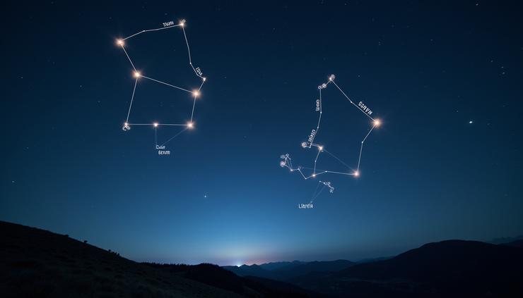 Vista panorámica del cielo nocturno con constelaciones de Libra, Géminis y Acuario