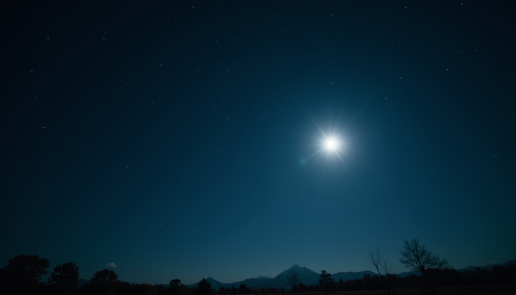 Vista aérea de un cielo nocturno con constelaciones y una luna llena brillante