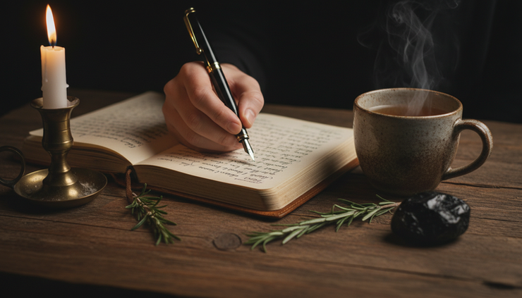 Primer plano de una mano escribiendo en un diario bajo luz de vela con una taza de té al lado