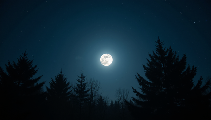 Vista a nivel de ojo de una Luna Llena brillante sobre un cielo estrellado con siluetas de árboles