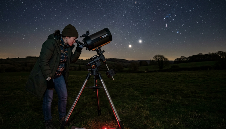 Vista a nivel de los ojos de una persona observando planetas con un telescopio en un campo abierto