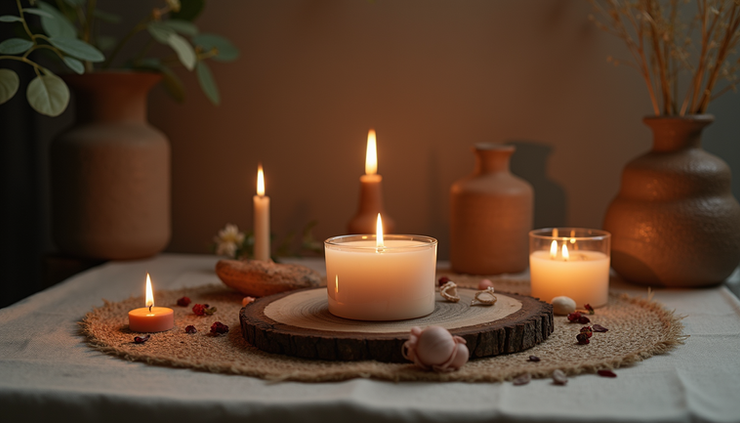 Vista a nivel de suelo de un altar sencillo con vela y elementos naturales durante el solsticio