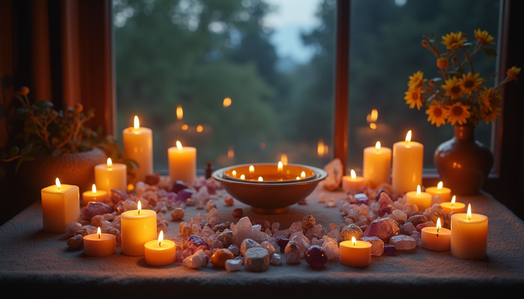 Vista en ángulo alto de un altar con velas, cristales y símbolos de abundancia bajo la luz de la luna