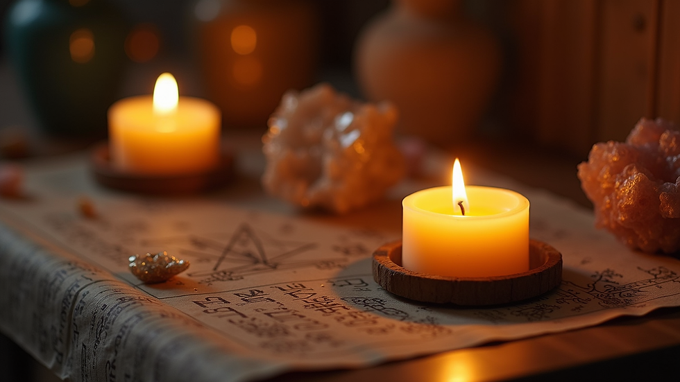 Plano detalle de una vela encendida sobre un altar con cristales y cartas de astrología