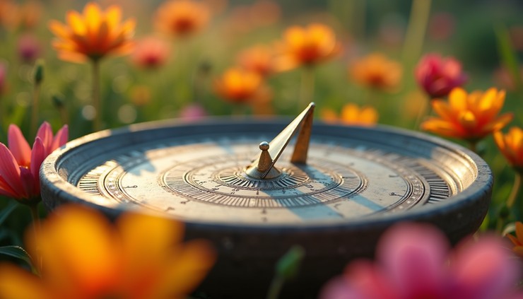 Vista a nivel de ojo de un reloj de sol en un jardín con flores de colores suaves