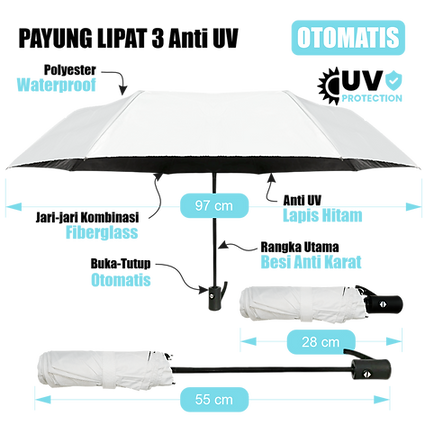 Custo payung lipat 3 otomatis Anti UV Lapis Hitam
