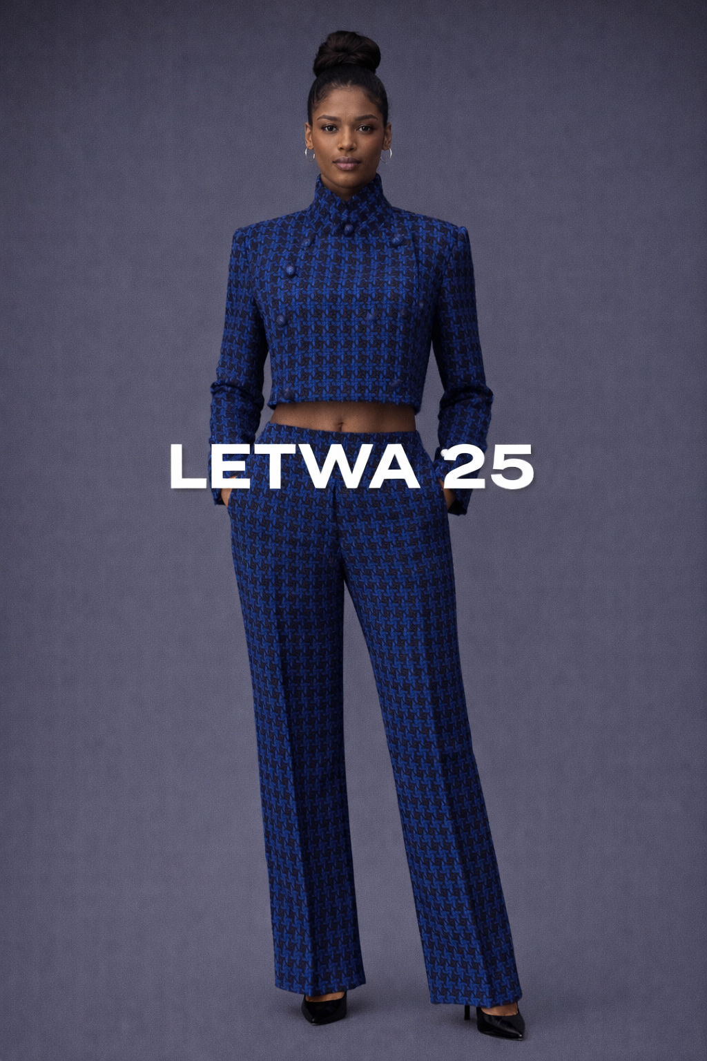Metallic Houndstooth Tweed Double-Breasted Crop Suit
