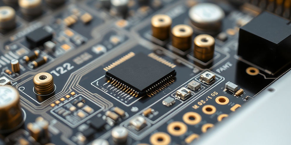 Close up photo of computer circuit with gold electronic parts on a black background