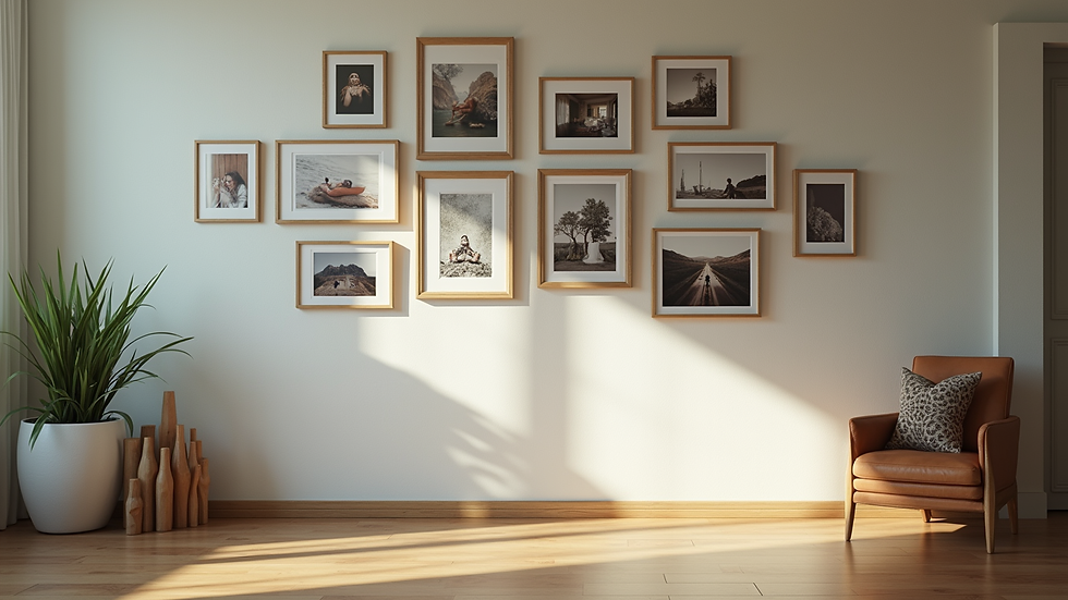 Eye-level view of a memory wall with framed photos and keepsakes