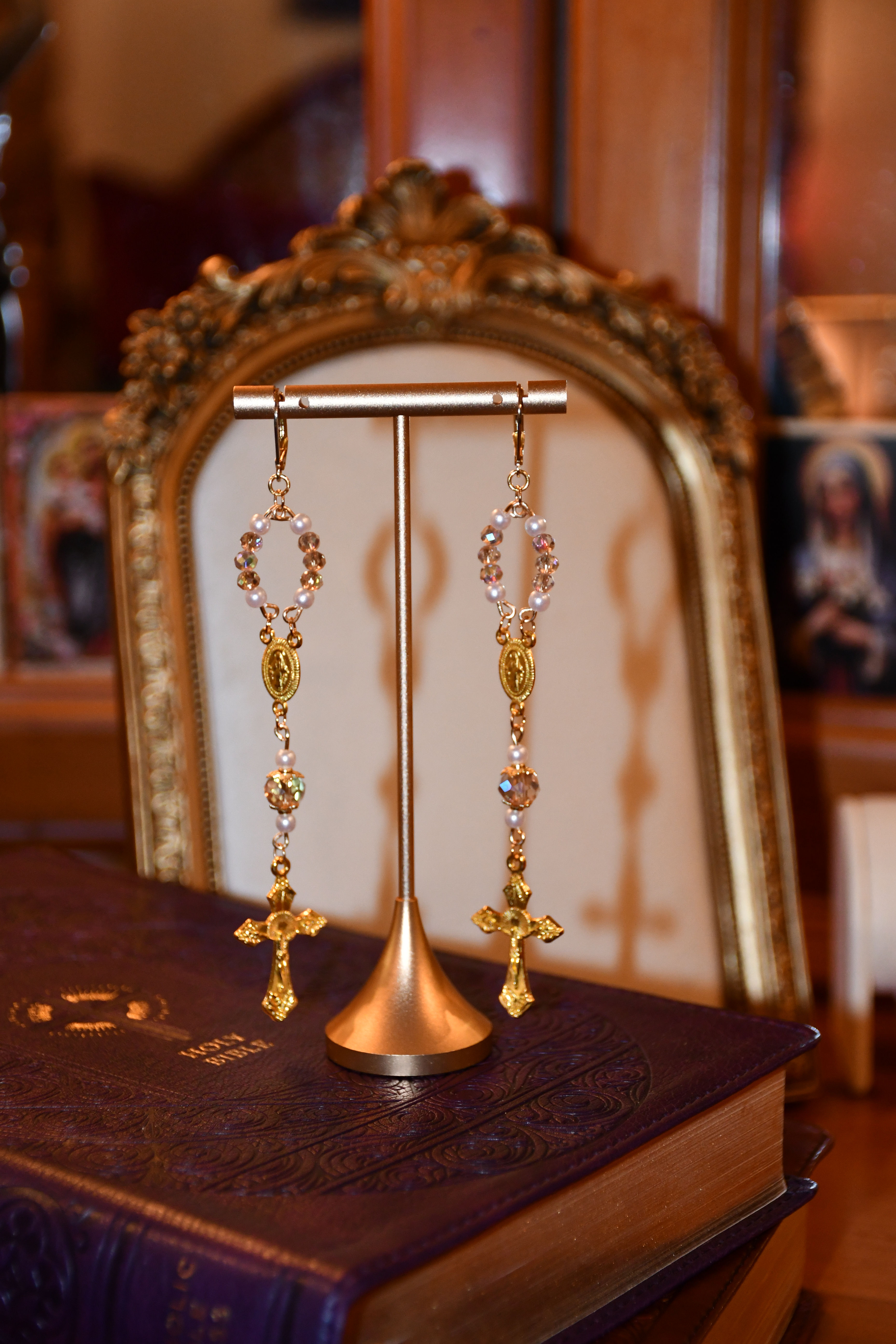 Champagne Crystals & Pearl 18k Gold Plated Rosary Dangle Earrings