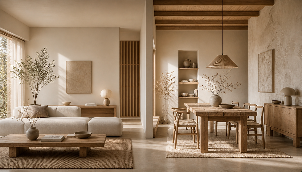 Bannière de la page "A Propos" d'Ambiance.DKO, décoratrice d'intérieur à Thonon, montrant un salon et une salle à manger au style minimaliste et naturel