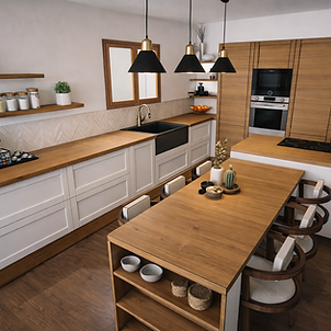 Conception 3D d'une cuisine équipée moderne avec meubles blancs et bois, grand îlot central dînatoire et suspensions noires par la décoratrice d'intérieur Ambiance.DKO dans le Var