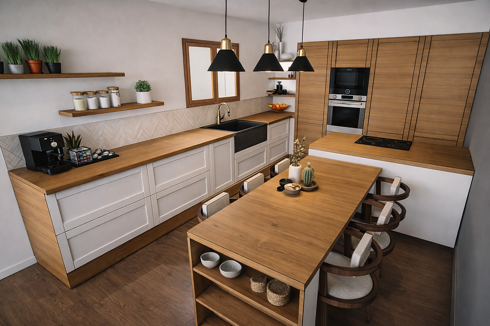 Conception 3D d'une cuisine équipée moderne avec meubles blanc et bois, grand îlot central dînatoire et suspensions noires par la décoratrice d'intérieur Ambiance.DKO au Var
