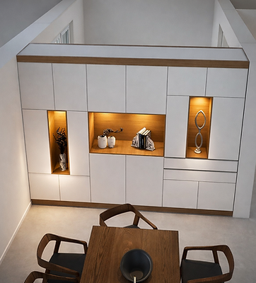 Modélisation 3D d'un grand meuble de rangement sur-mesure avec niches rétroéclairées en bois, conçu par Ambiance.DKO à Larringes