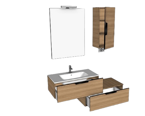 Modélisation 3D de mobilier de salle de bain en bois avec meuble vasque suspendu, colonne de rangement et miroir par Ambiance.DKO, décoratrice d'intérieur à Thonon
