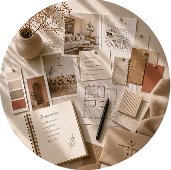 Planche de tendances et moodboard créatif comprenant des croquis d'aménagement, des nuanciers et des échantillons textiles par Ambiance.DKO à Thonon