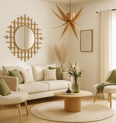 Modélisation 3D d'un salon chaleureux avec canapé beige, coussin vert olive, miroir soleil en bois et suspension design par Ambiance.DKO, décoratrice d'intérieur à Thonon