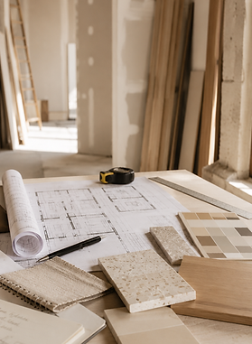 Plans techniques d'architecte, échantillons de matériaux et de revêtements installés sur un chantier de rénovation en Haute-Savoie par Ambiance.DKO