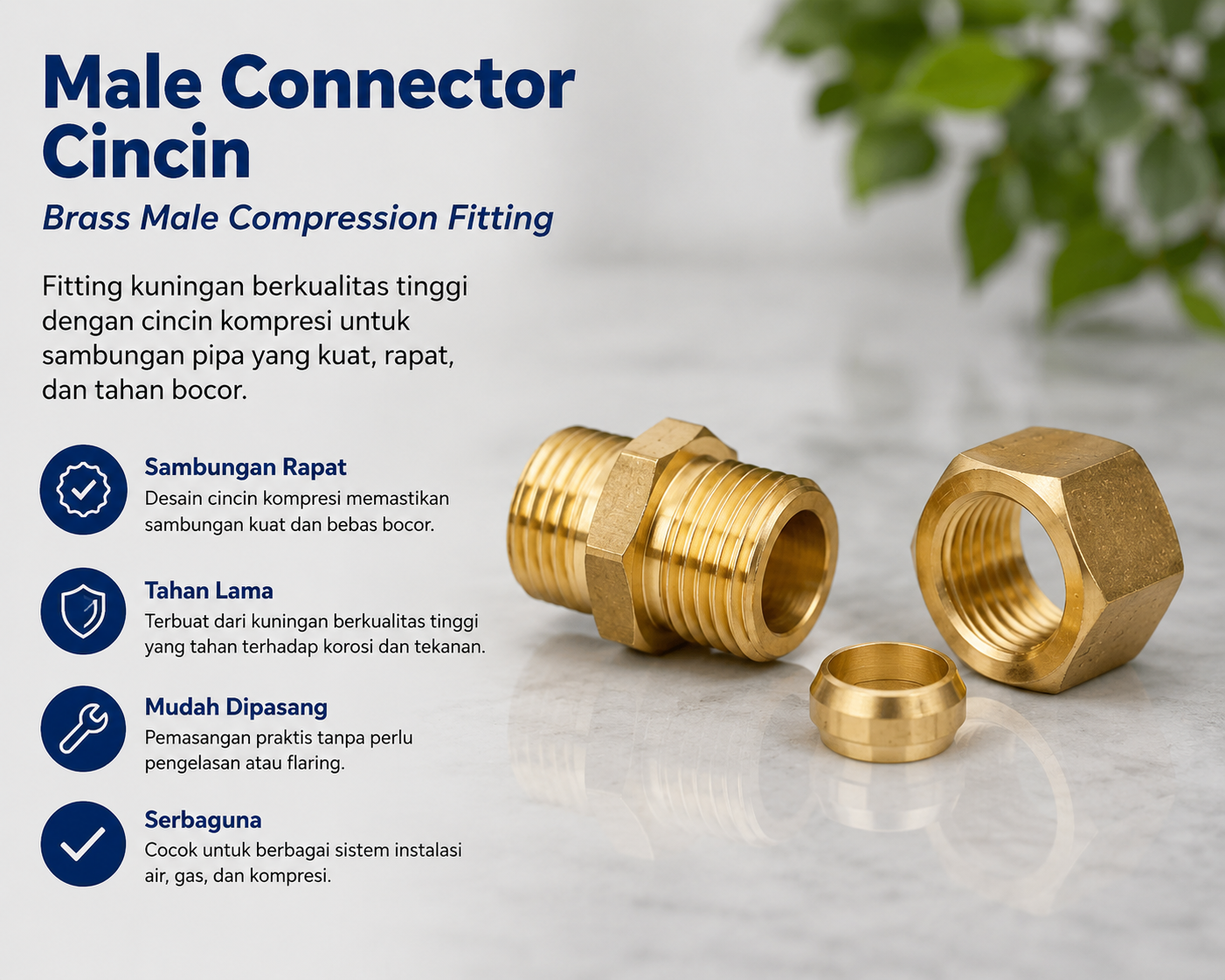 Male Connector Cincin tipe compression untuk instalasi pipa air, gas, dan sistem kompresi tahan bocor.